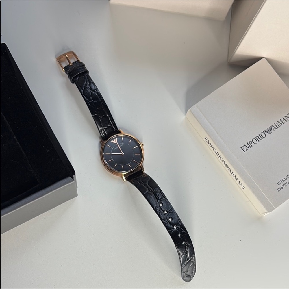 Emporio Armani Black and Rose Gold Leather Watch